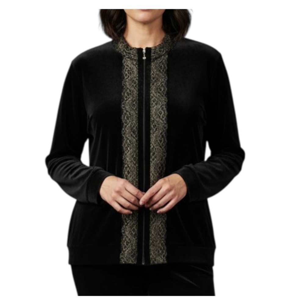 VTG Jaclyn Smith BLACK VELOUR/VELVET JACKET Gold Brocade Lace Full Zip Pockets L